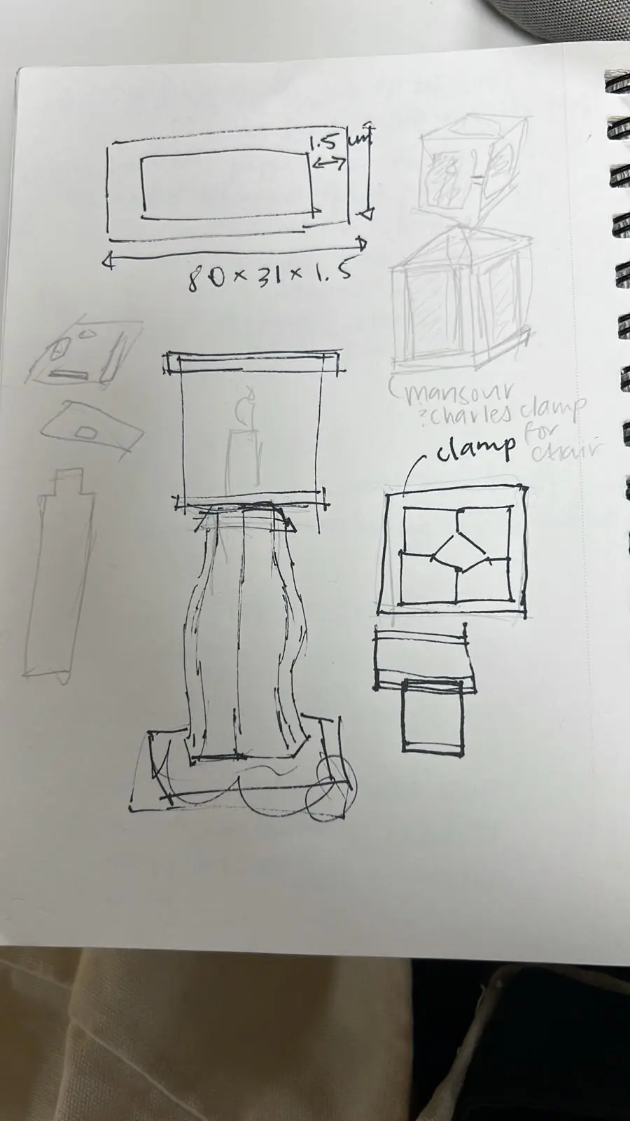 The standing-lamp elevation and joint studies in pen, the joint marked out, a 3D-printed connector gripping the salvaged timber, and the printed iterations