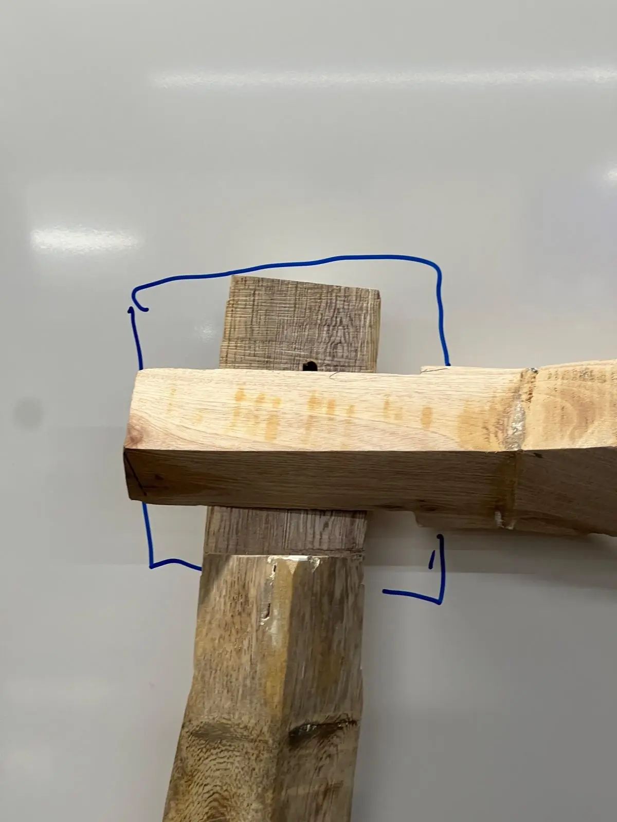 The standing-lamp elevation and joint studies in pen, the joint marked out, a 3D-printed connector gripping the salvaged timber, and the printed iterations